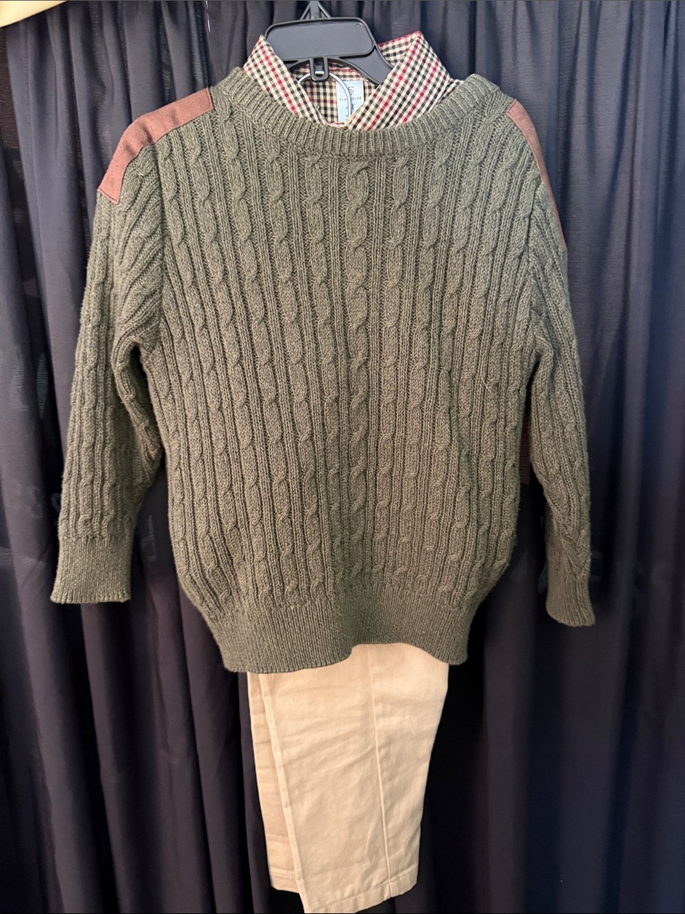 Boy’s Olive Cable-Knit Crewneck Sweater with Brown Elbow Details, Set
